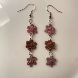 Three-Tier Pink and Brown Floral Drop Earrings - Women Jewelry
